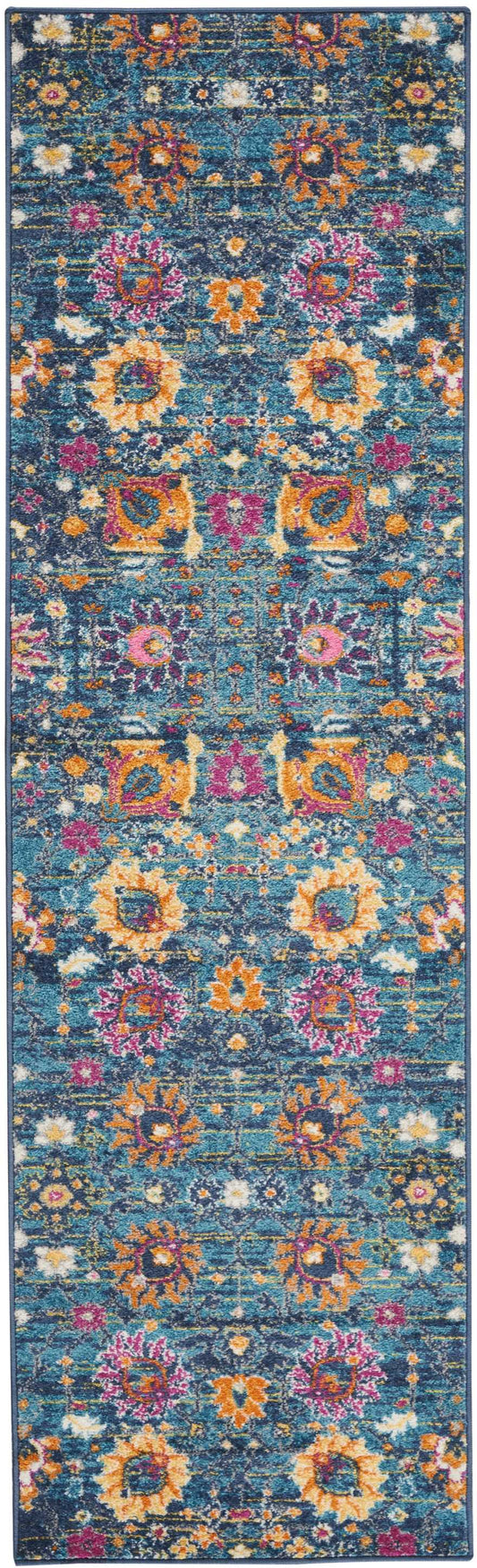 Teal Oriental runner rug with vibrant orange, pink and yellow florals in a distressed pattern; long narrow.