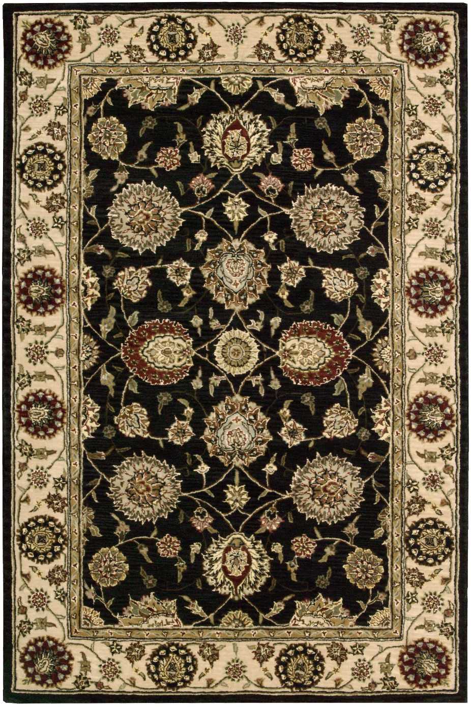 Black field oriental rug with gold ivory floral medallions and vines; cream border with circular florals in ivory, red, gold.