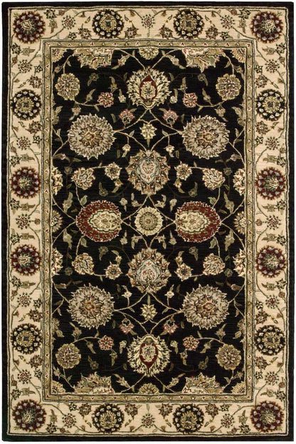 Black field oriental rug with gold ivory floral medallions and vines; cream border with circular florals in ivory, red, gold.