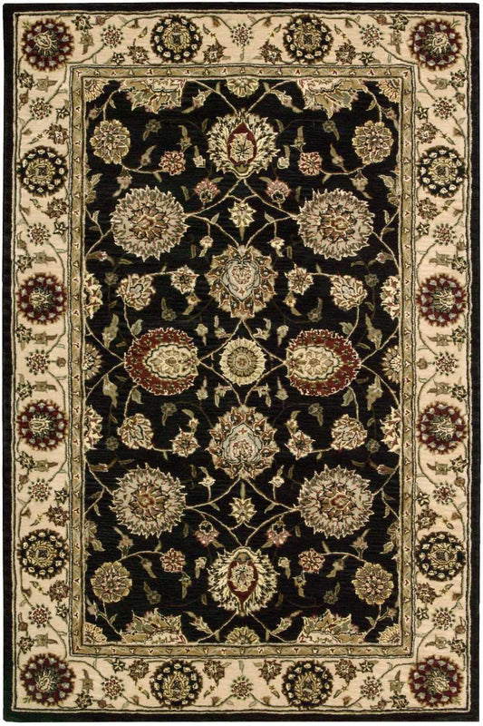 Black field oriental rug with gold ivory floral medallions and vines; cream border with circular florals in ivory, red, gold.