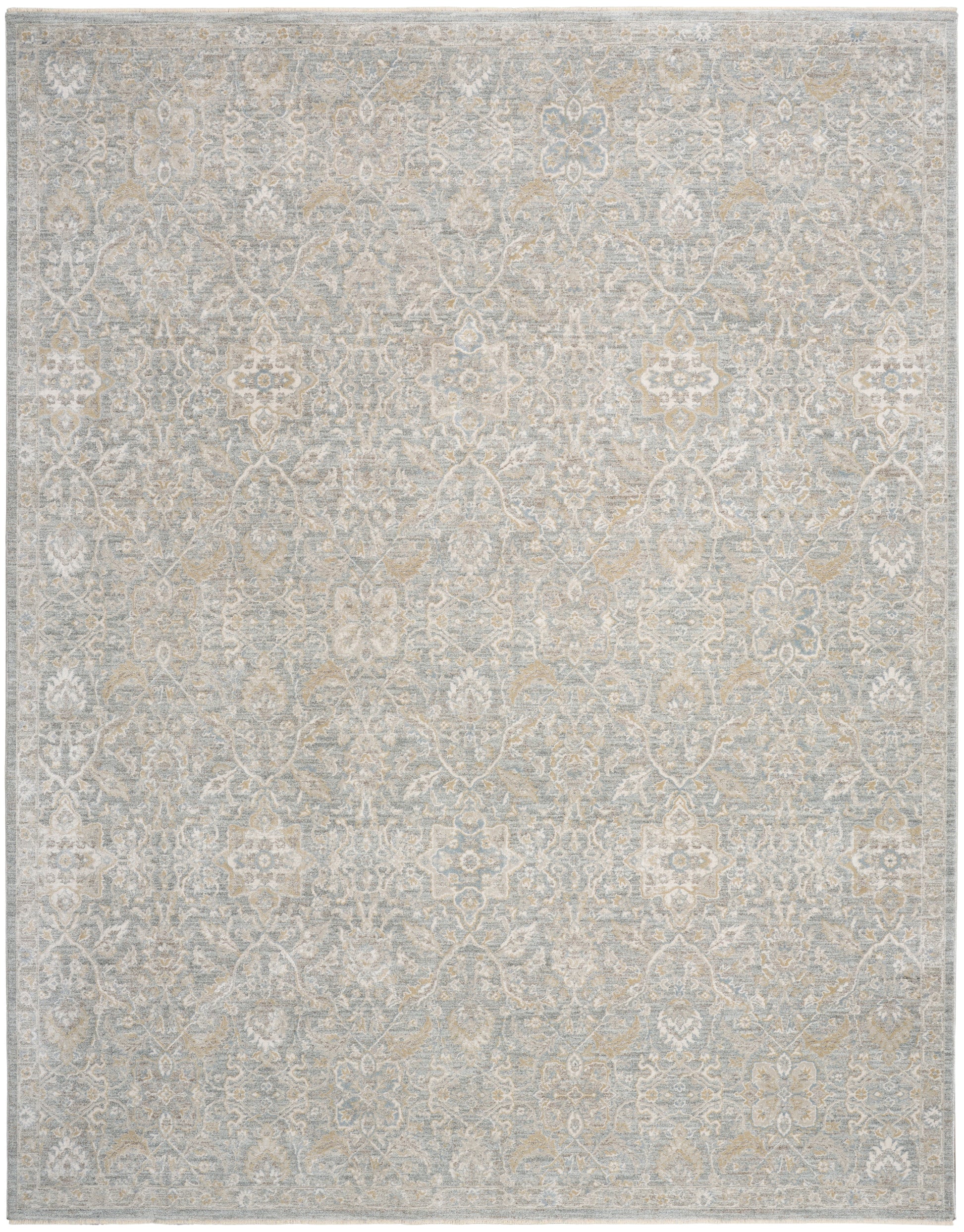Rectangular area rug with a muted beige-gray damask pattern and distressed vintage look.
