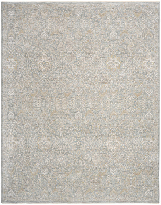 Rectangular area rug with a muted beige-gray damask pattern and distressed vintage look.