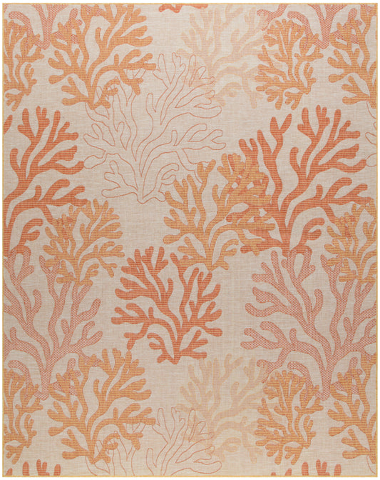 Textured area rug featuring coral reef motifs in warm orange and peach on a beige background, coastal style.