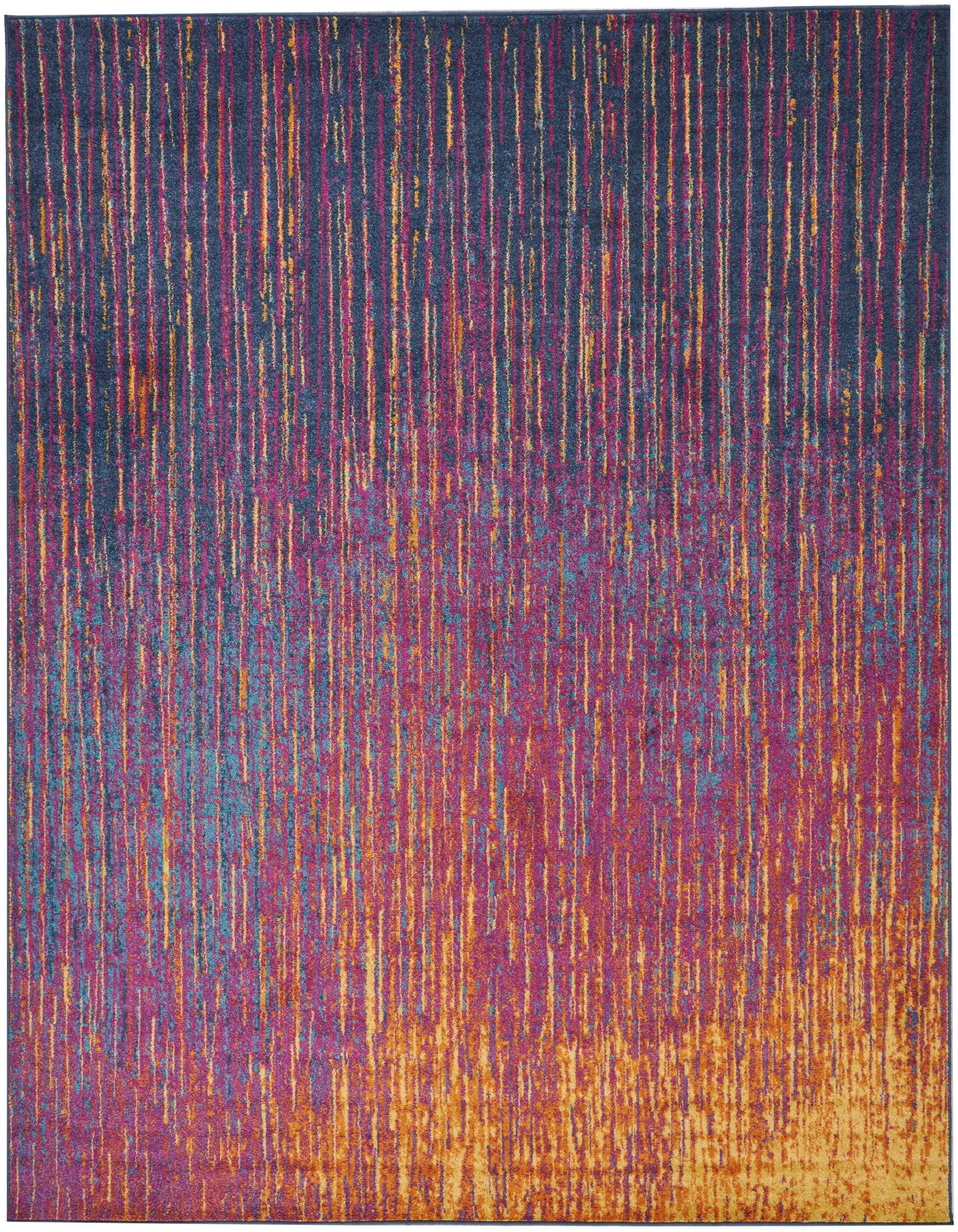 Abstract multicolor rug with vertical stripe motif blending blues, purples, pinks into yellows and oranges.