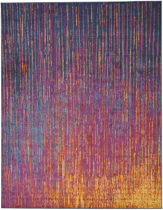 Abstract multicolor rug with vertical stripe motif blending blues, purples, pinks into yellows and oranges.