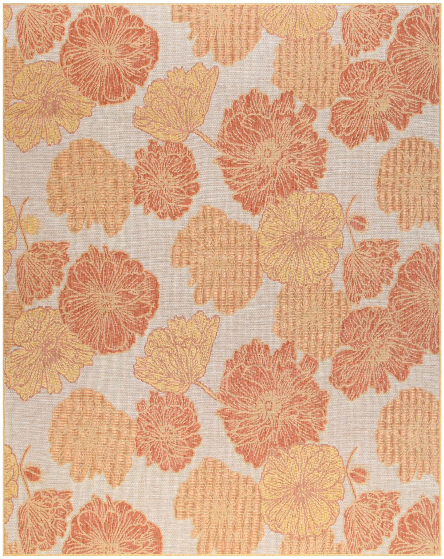 Floral textile with peach, coral and yellow hibiscus-style blossoms on cream background; upholstery fabric.
