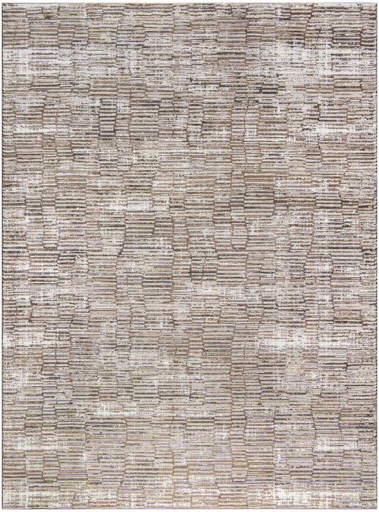 Neutral beige-brown area rug with subtle geometric striped texture; rectangular, low-pile.