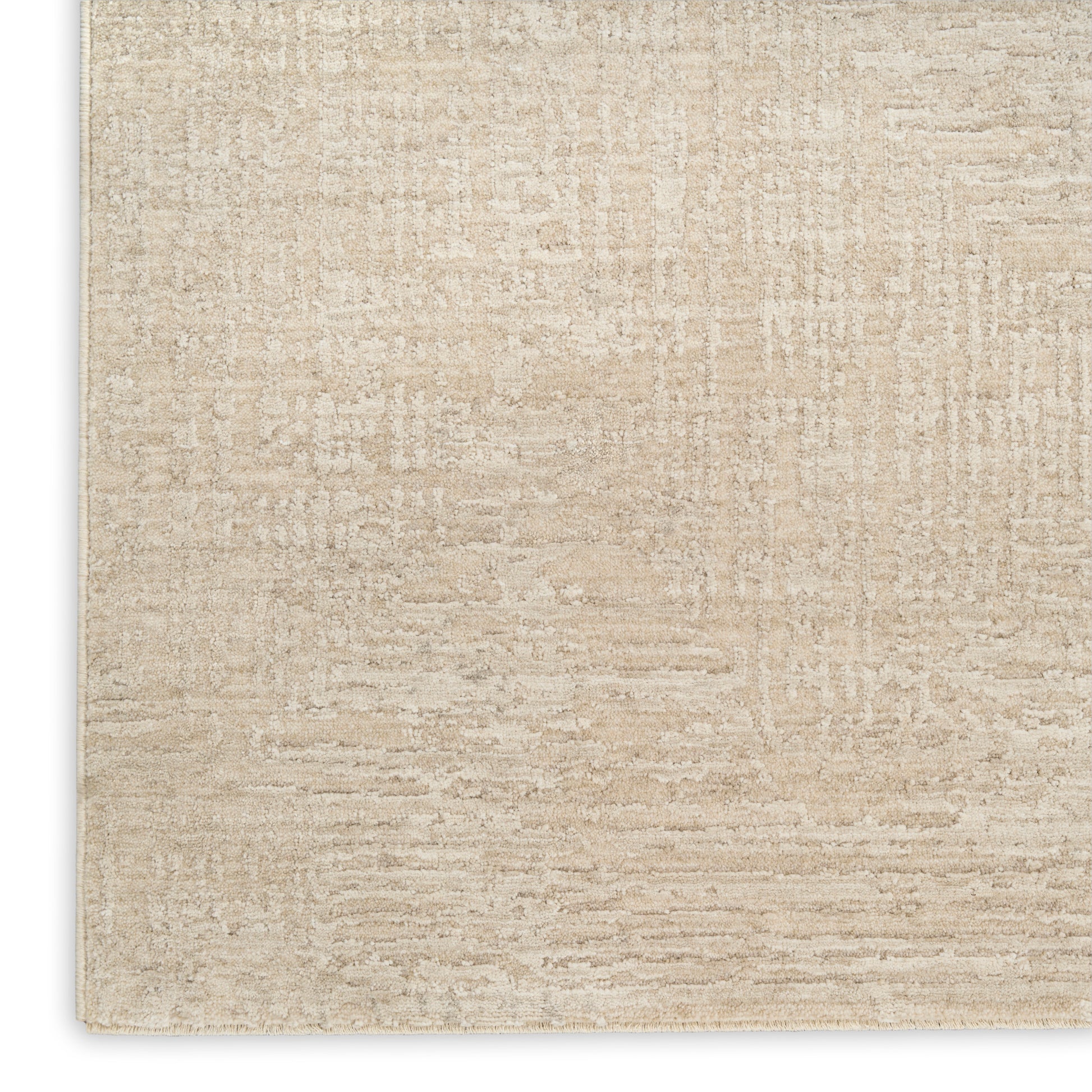 Beige textured rug with subtle abstract pattern; neutral, flat-weave look for living spaces.