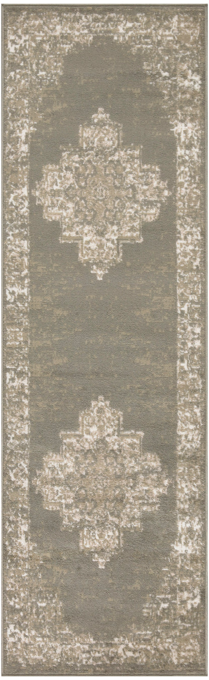 Taupe & ivory distressed runner rug with central medallion motifs & ornate border.