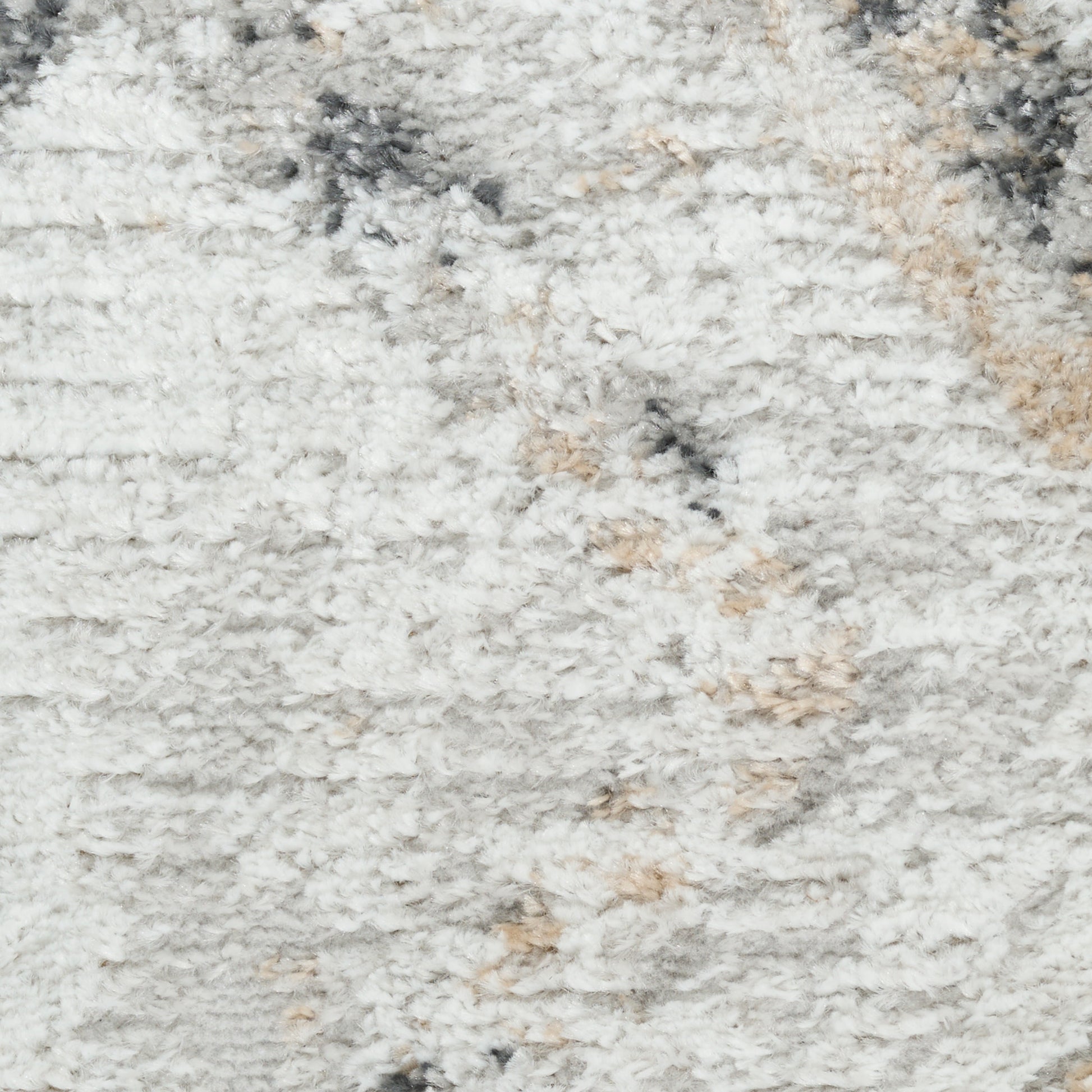 Soft, shaggy light gray rug with beige & charcoal specks; plush, modern textured area rug.