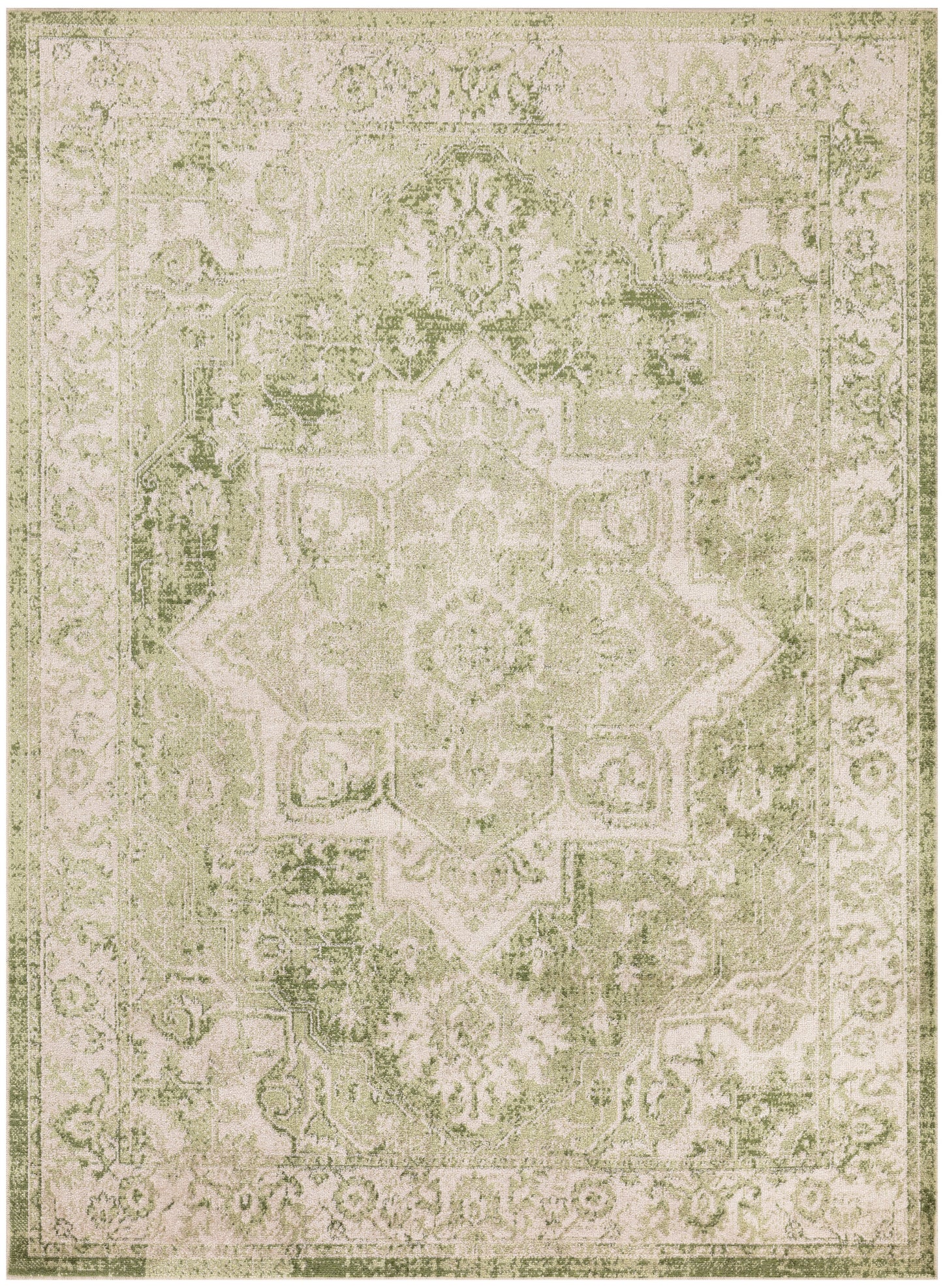 Rectangular distressed olive-green and beige Persian-style rug with a central medallion and ornate border.
