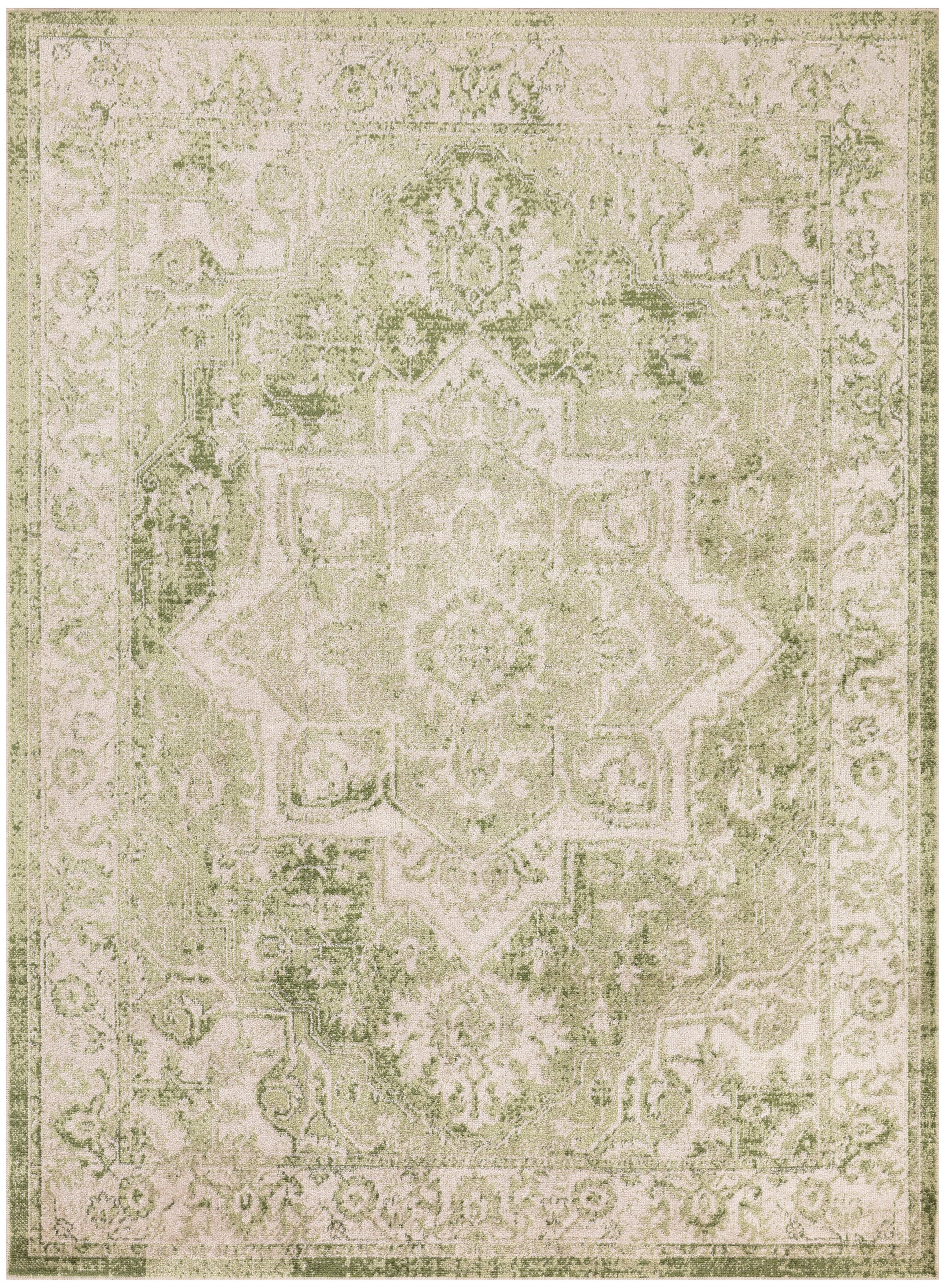 Rectangular distressed olive-green and beige Persian-style rug with a central medallion and ornate border.