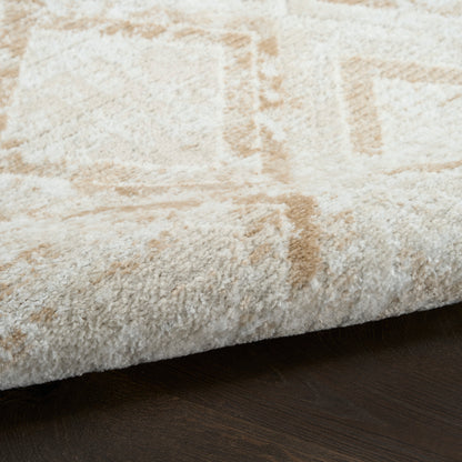 Close-up of a plush cream and beige patterned rug edge folded on dark wood floor.