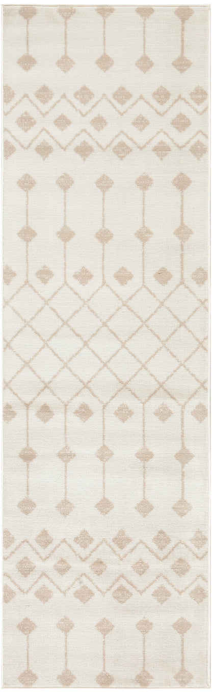 Cream runner rug with taupe geometric diamonds and vertical line motifs; softly textured.