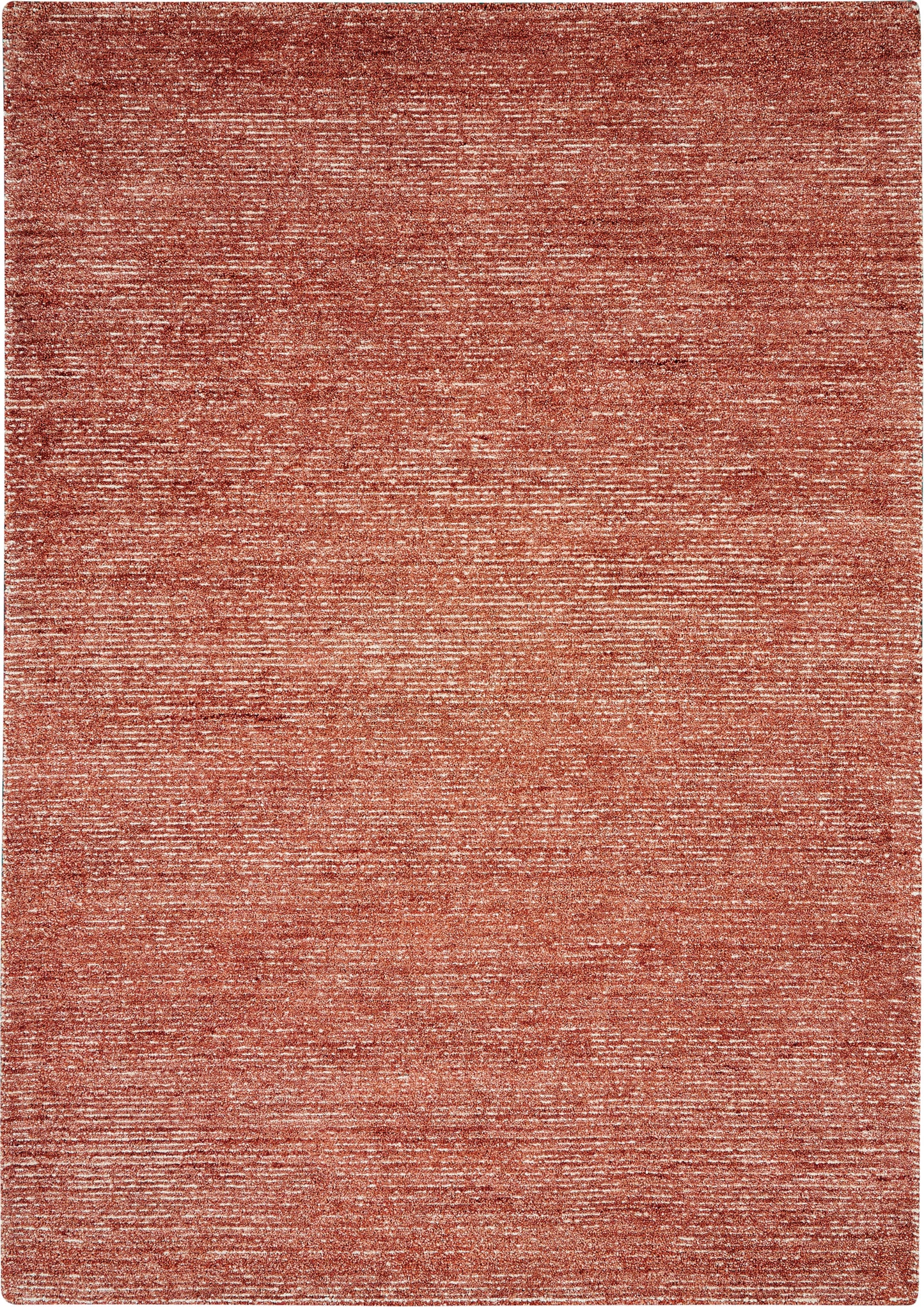 Rust-red woven area rug with subtle marled texture; rectangular modern floor covering.