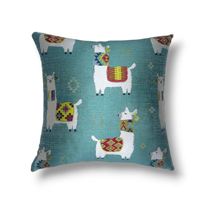 20" Aqua, White, Multi Polyester Pillow Cover in Calico Alpaca Play – Aqua Fabric