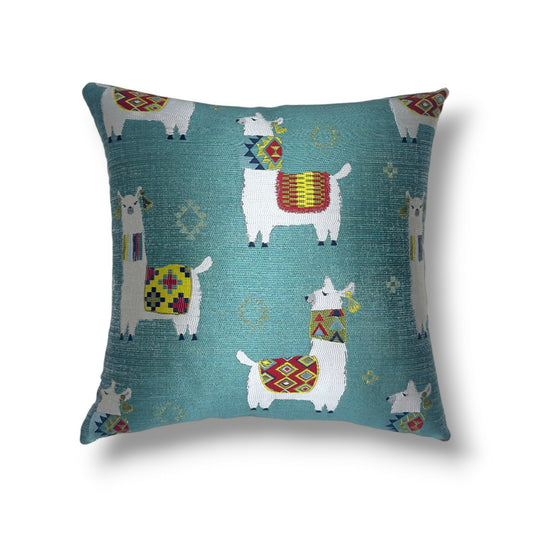 20" Aqua, White, Multi Polyester Pillow Cover in Calico Alpaca Play – Aqua Fabric