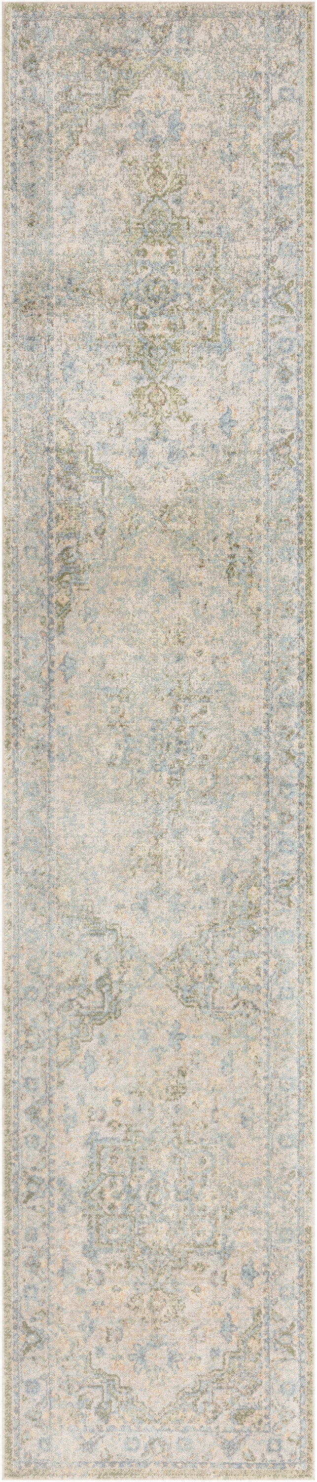 Long beige vintage-style oriental rug runner with light blue faded motifs and a distressed look.