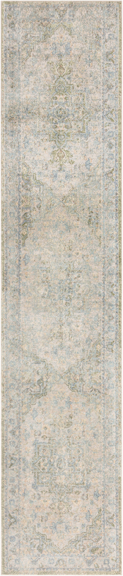 Long beige vintage-style oriental rug runner with light blue faded motifs and a distressed look.