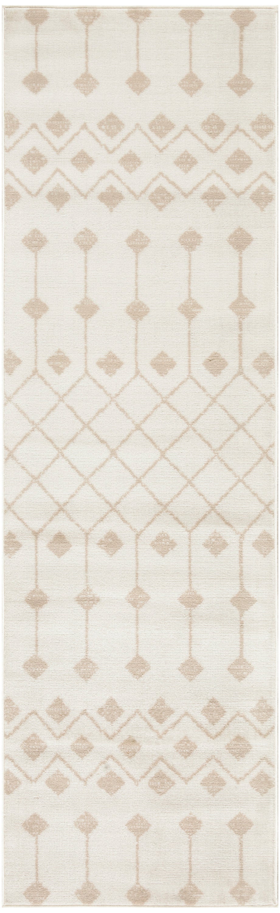Cream Bohemian 8' runner with light tan geometric lattice and diamond motifs; modern woven style for living spaces.