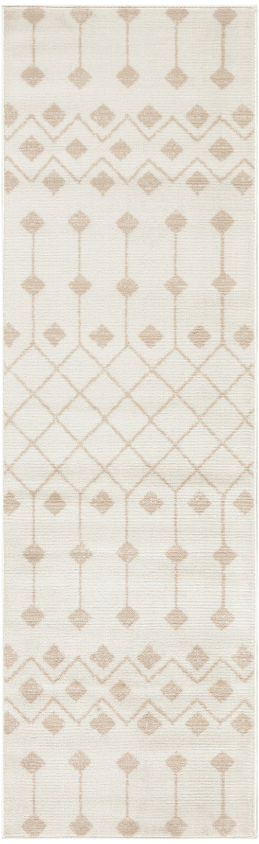 Cream Bohemian 8' runner with light tan geometric lattice and diamond motifs; modern woven style for living spaces.