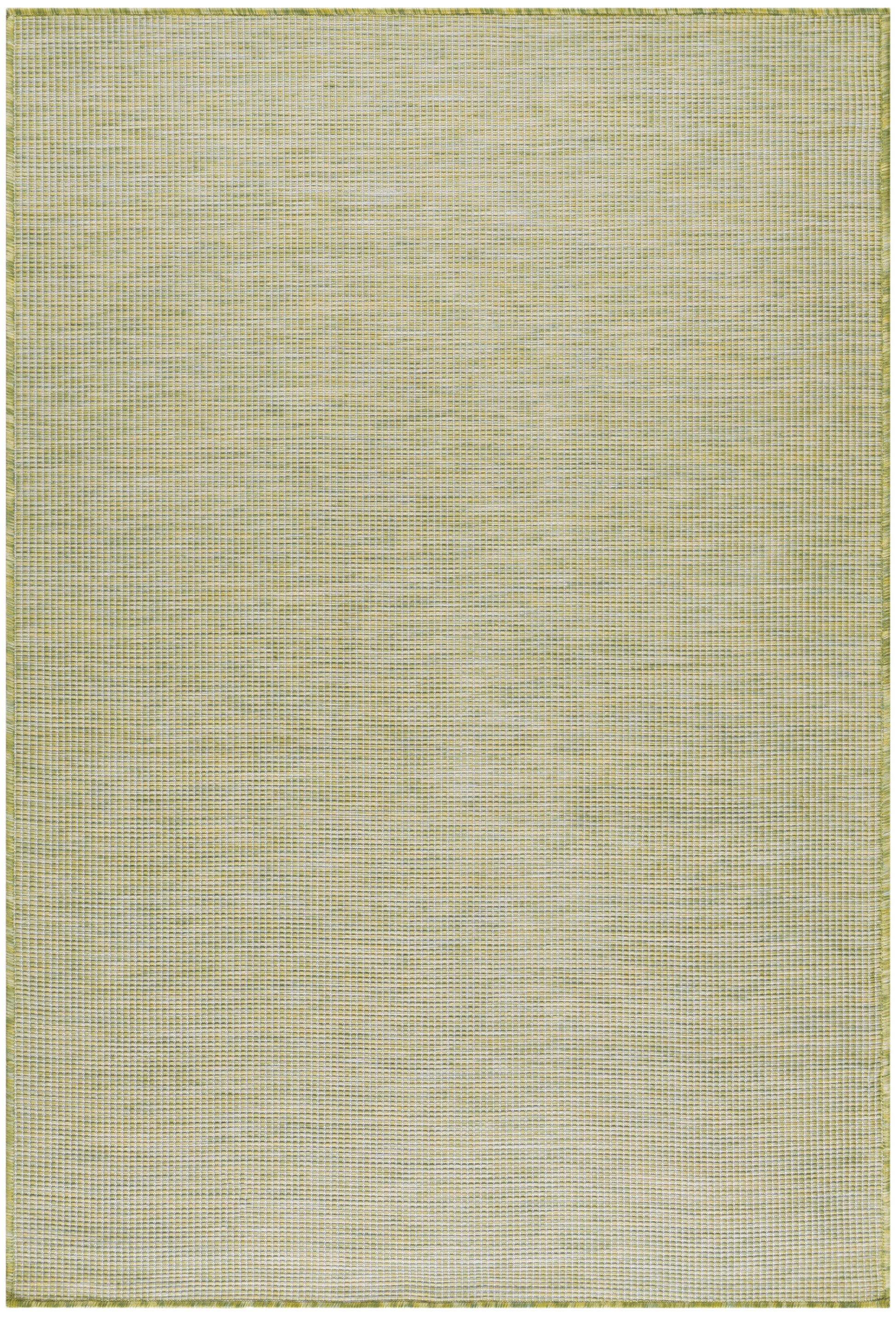 Rectangular woven area rug in pale beige with a subtle yellow-green tint and a narrow green border.