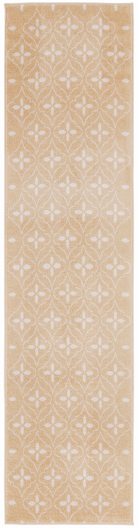 Beige woven runner rug with white lattice floral pattern; long rectangular for hallway or entryway.