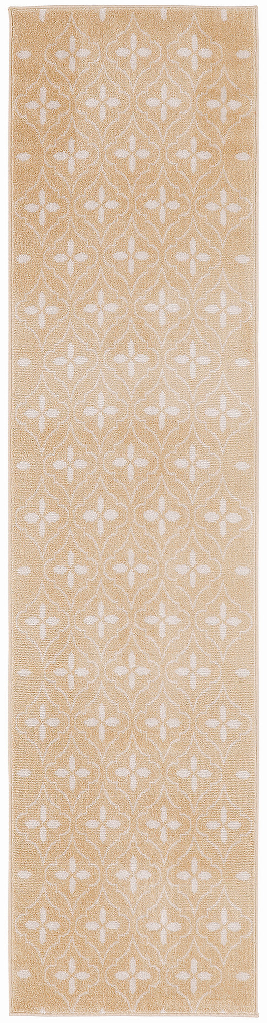 Beige woven runner rug with white lattice floral pattern; long rectangular for hallway or entryway.