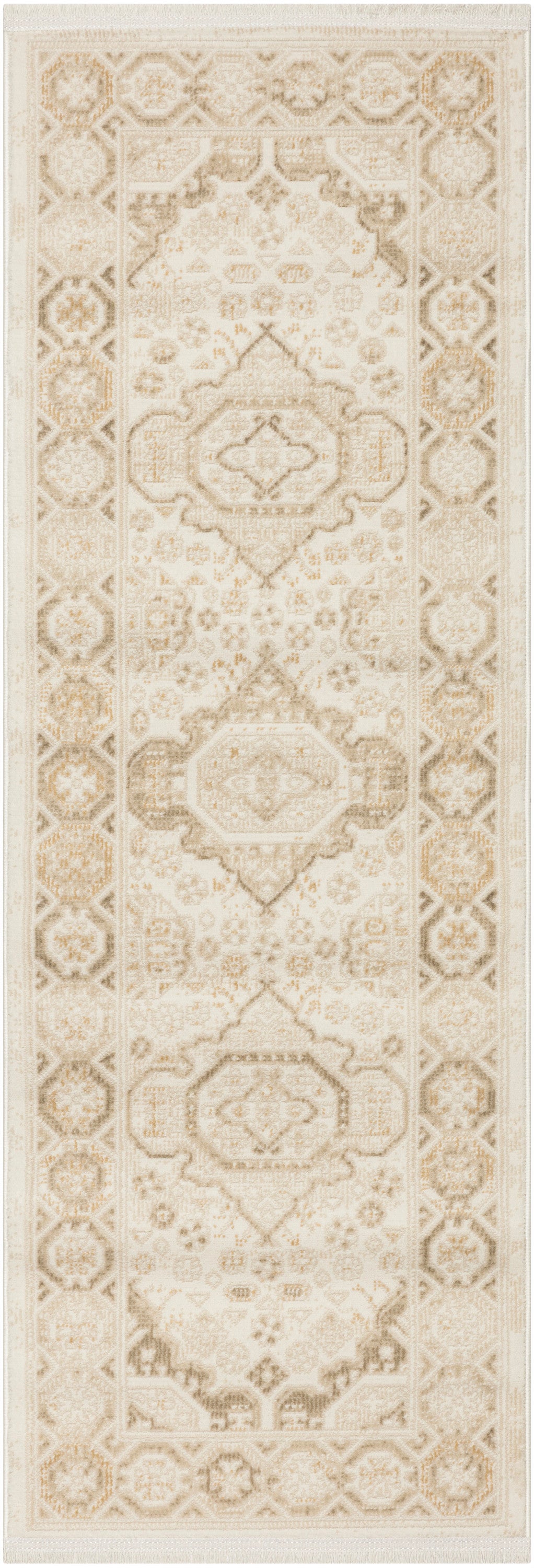 Cream-beige oriental runner rug with muted gold accents, central medallions and a geometric border.