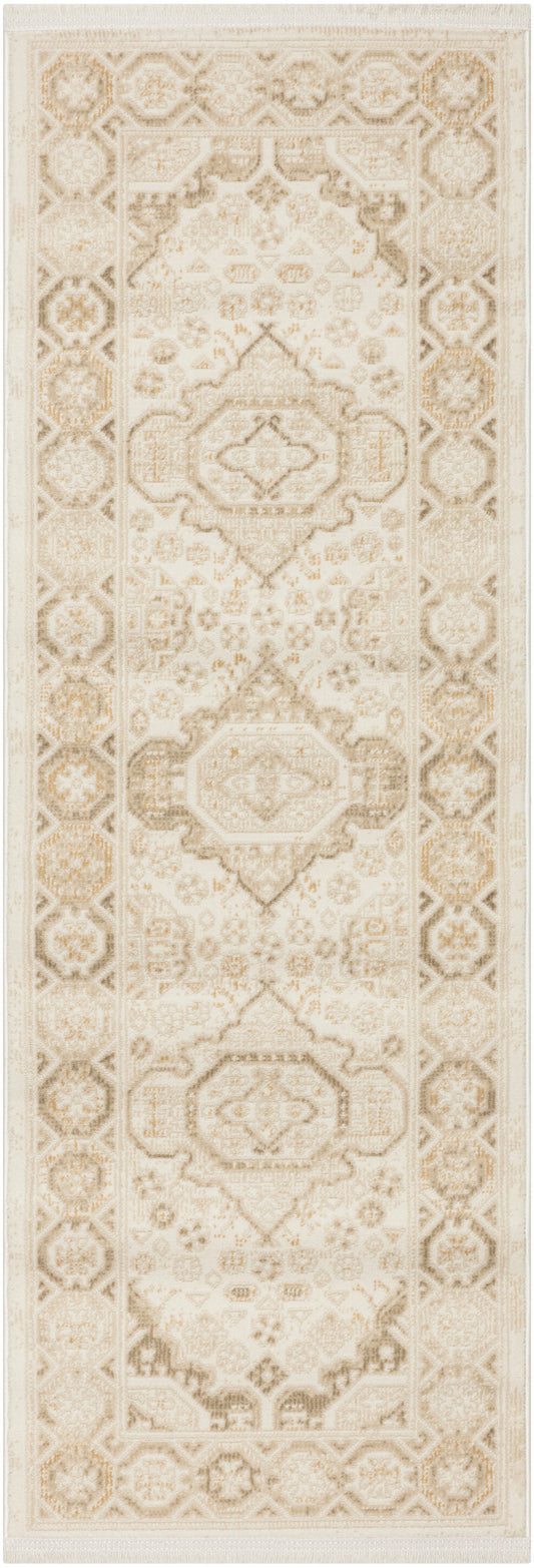 Cream-beige oriental runner rug with muted gold accents, central medallions and a geometric border.