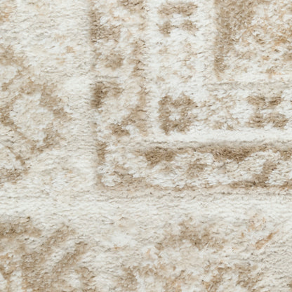 Cream and beige shag rug with plush pile and subtle geometric pattern.