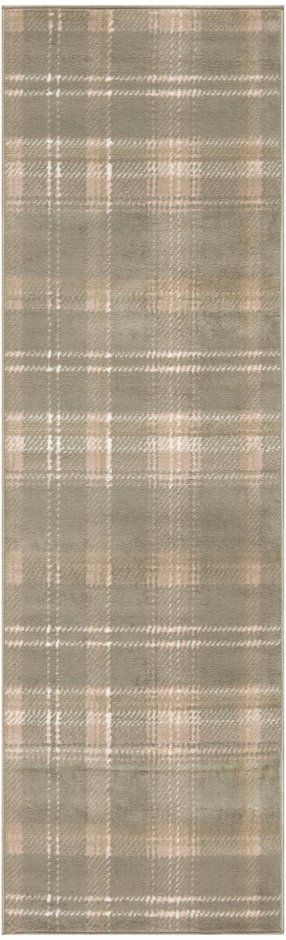 Rectangular plaid woven rug in muted olive-gray with beige lines; 8' runner rug.