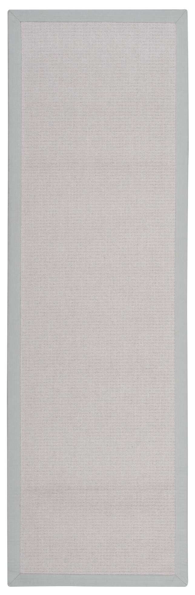 Long rectangular farmhouse rug runner with beige linen center and light gray border.