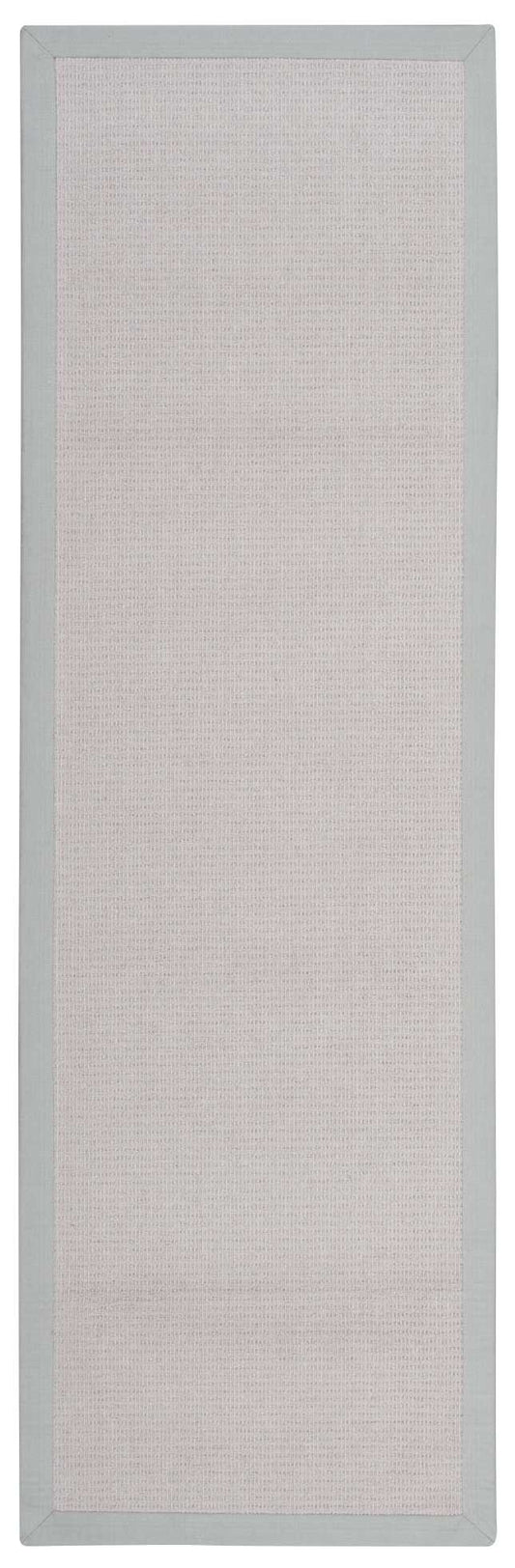 Long rectangular farmhouse rug runner with beige linen center and light gray border.