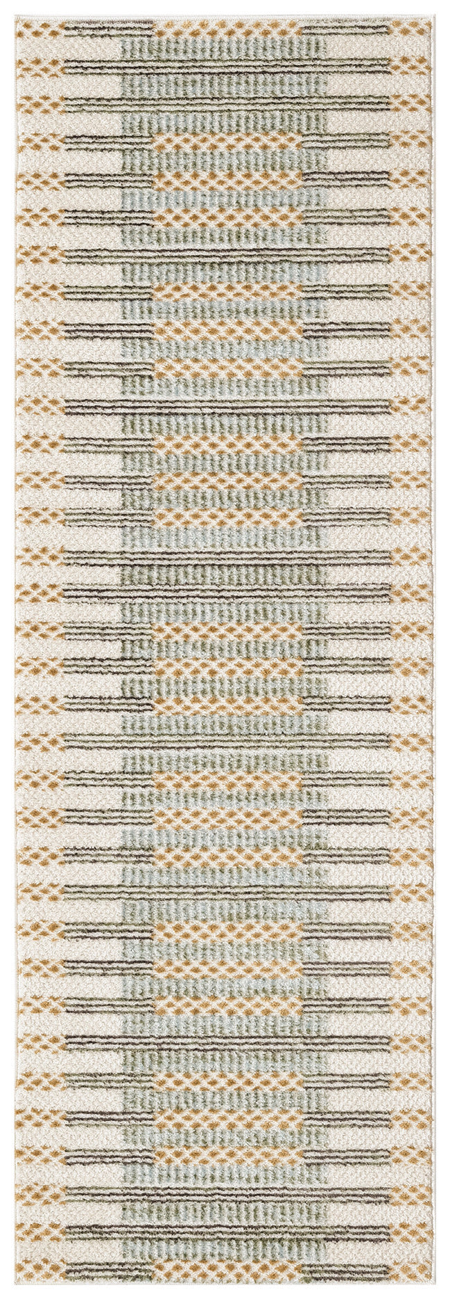 Beige runner rug with horizontal charcoal lines, teal woven blocks, and orange diamond accents; geometric striped pattern.