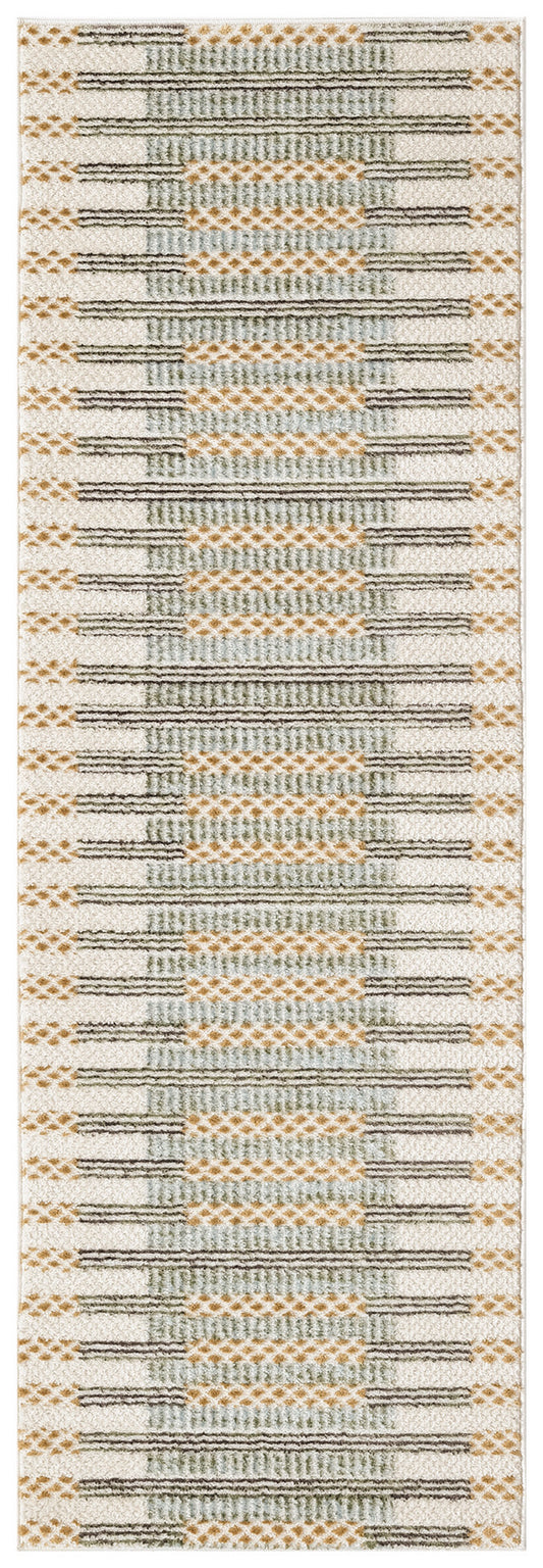 Beige runner rug with horizontal charcoal lines, teal woven blocks, and orange diamond accents; geometric striped pattern.