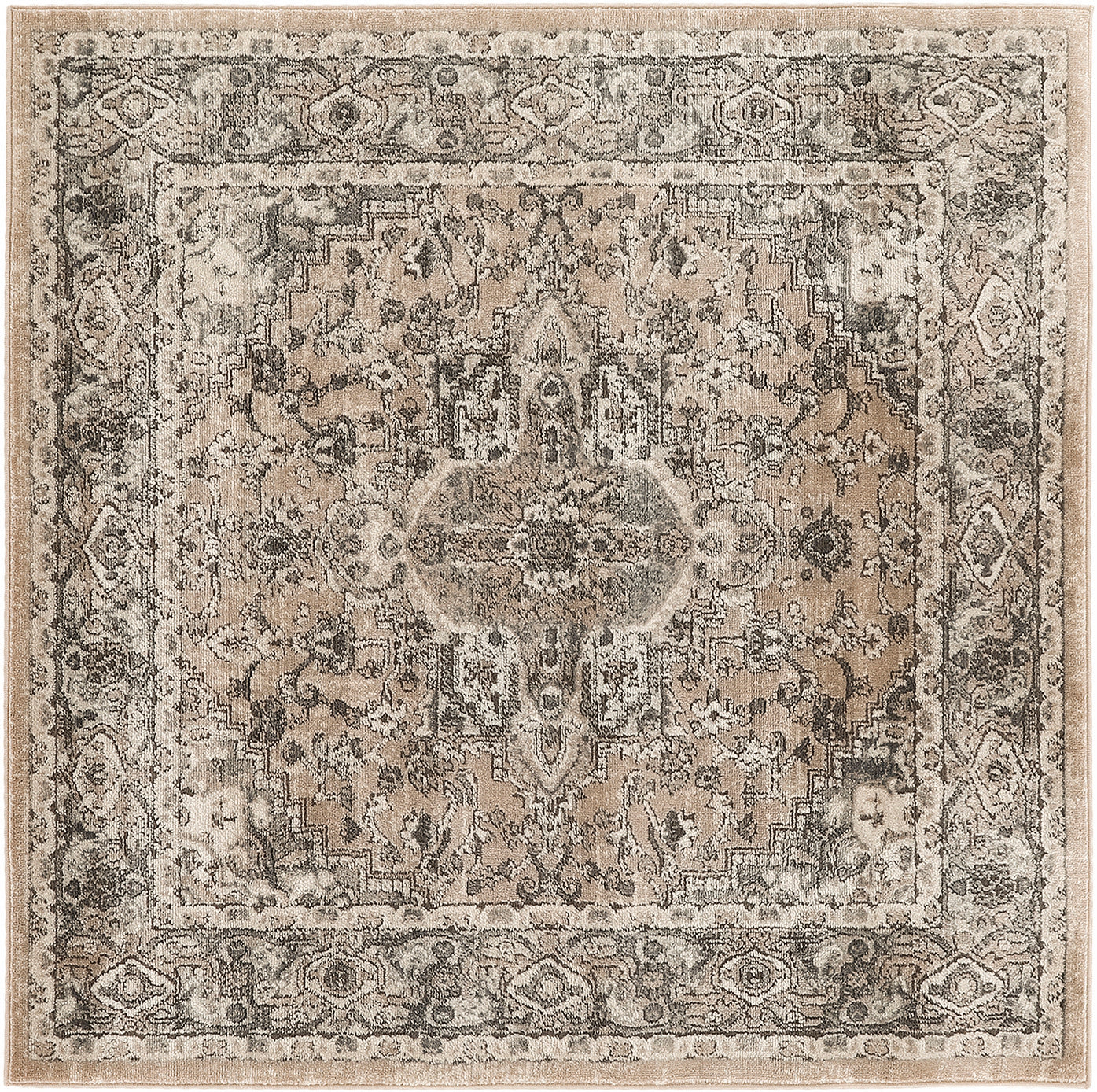 Farmhouse-style rug in beige, taupe and ivory tones, featuring a central medallion and ornate floral border.