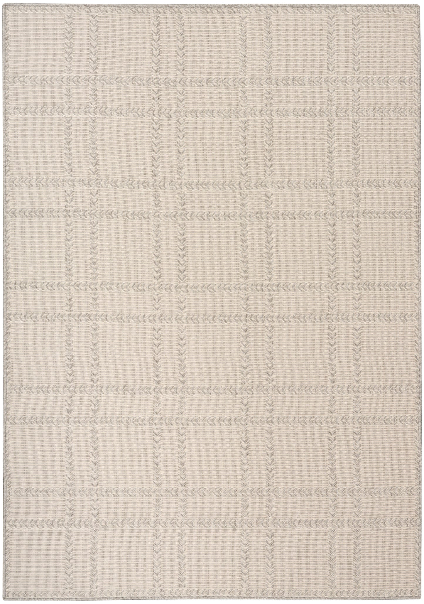 Beige woven area rug with a subtle plaid grid pattern and braided texture.