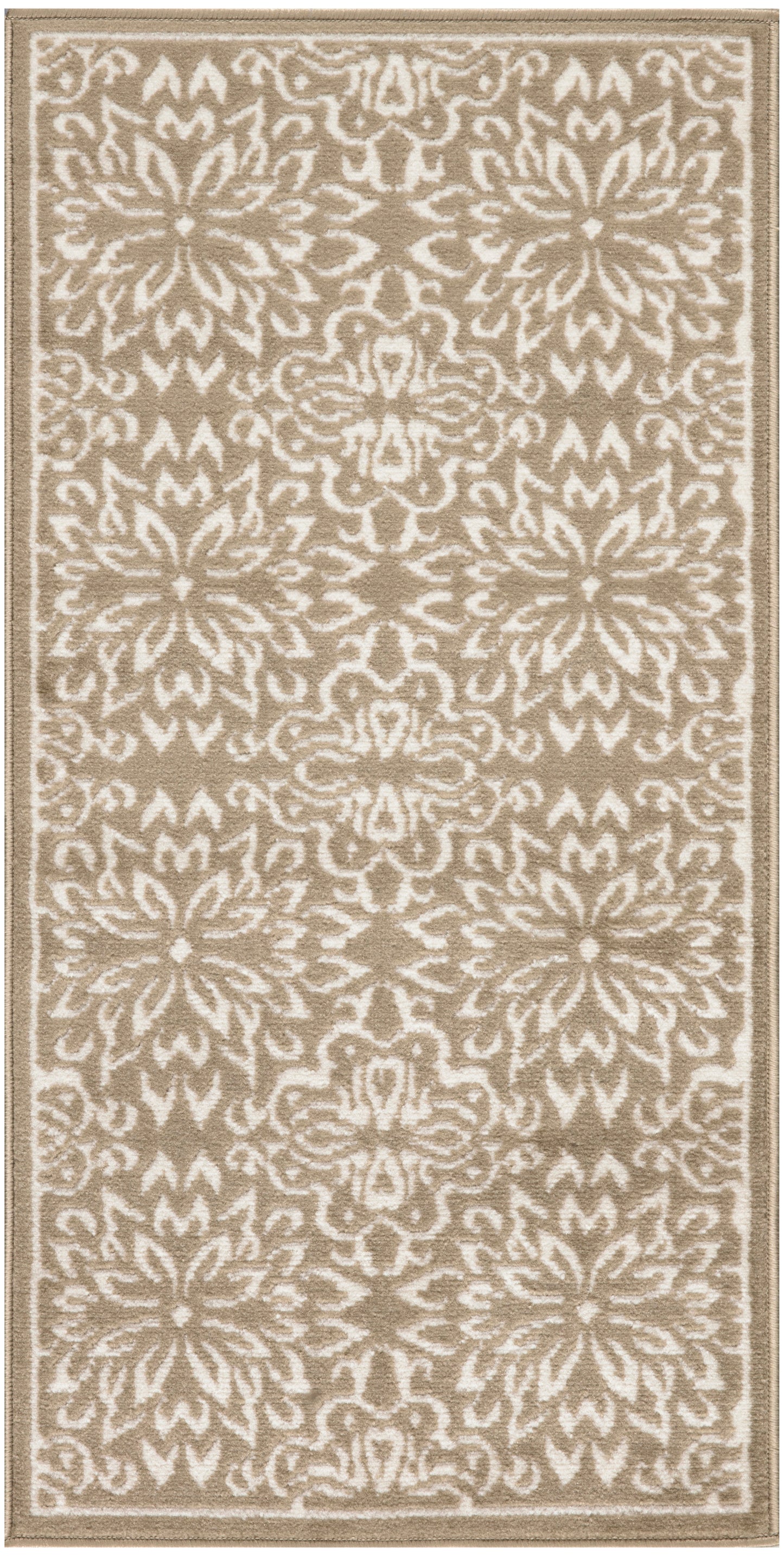 Beige runner rug with white damask floral medallion pattern and tan border.