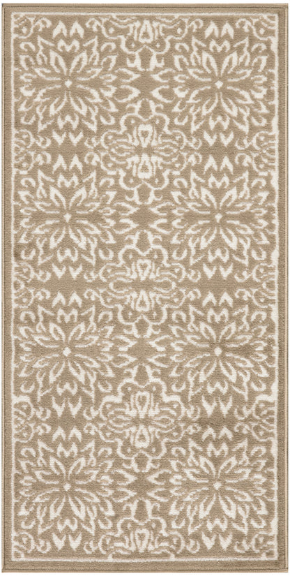 Beige runner rug with white damask floral medallion pattern and tan border.