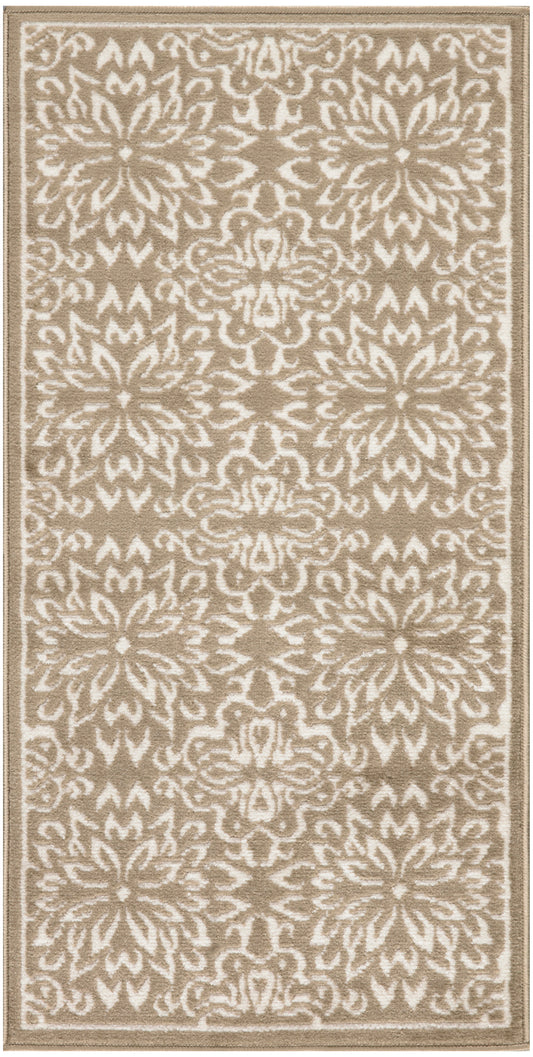 Beige runner rug with white damask floral medallion pattern and tan border.
