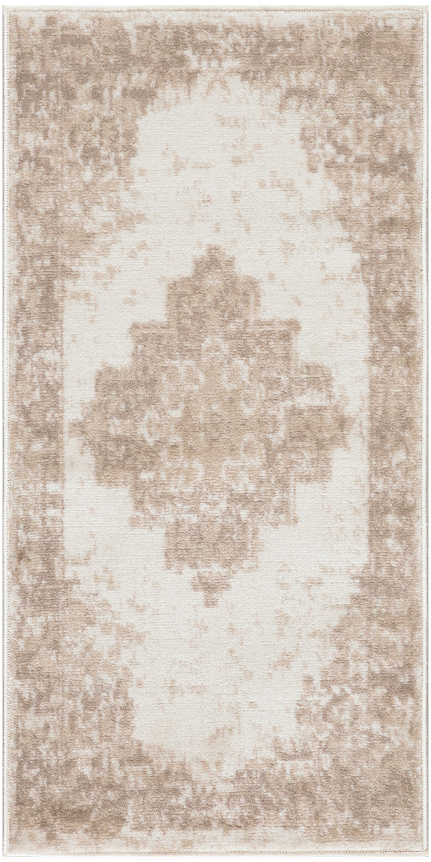 Beige distressed area rug with cream center, ornate medallion pattern and beige border.
