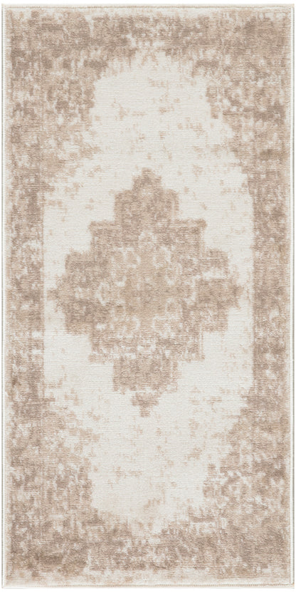Beige distressed area rug with cream center, ornate medallion pattern and beige border.