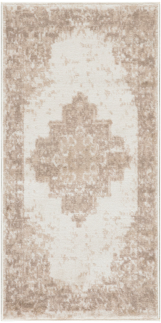 Beige distressed area rug with cream center, ornate medallion pattern and beige border.