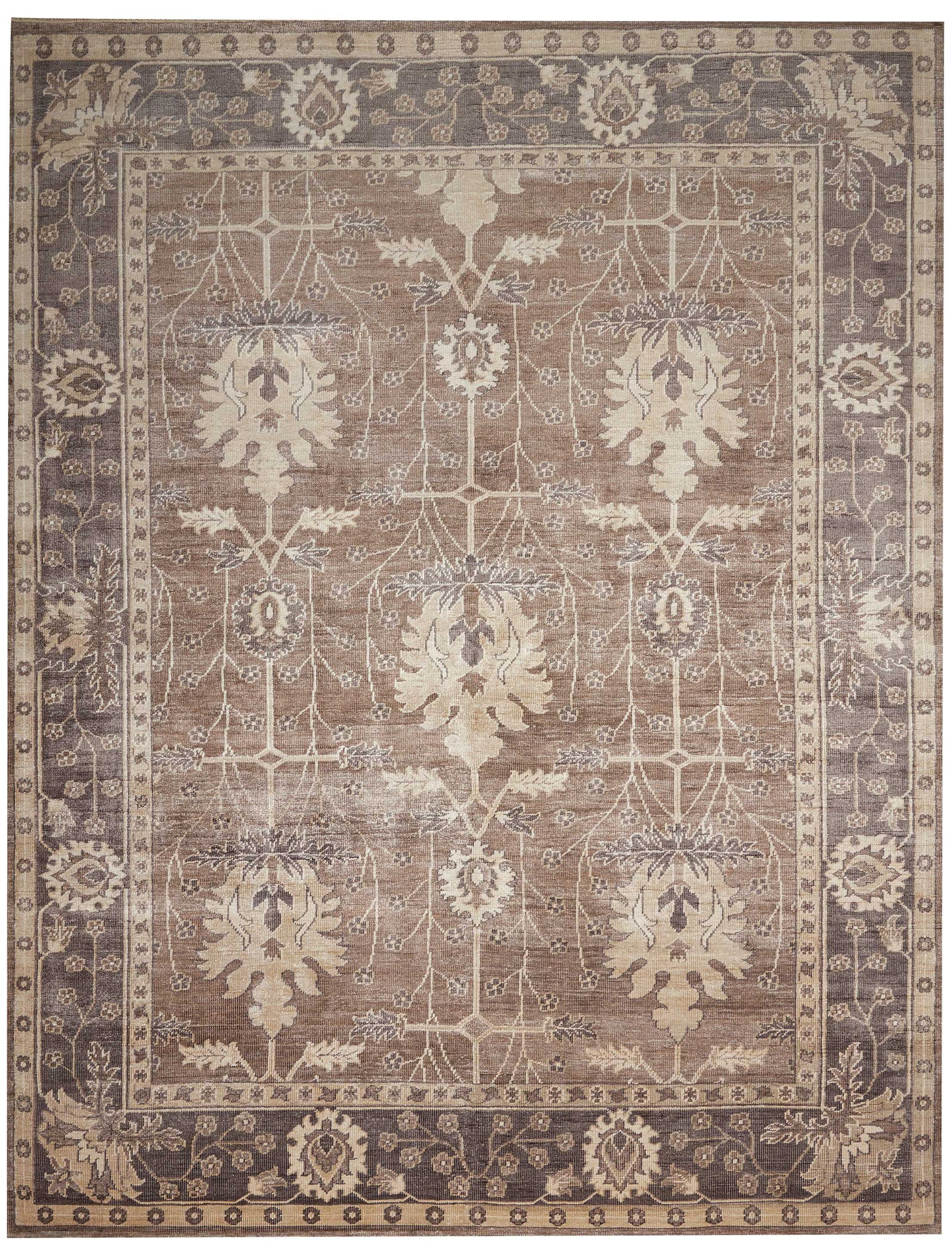 Rectangular wool rug with vintage Oriental style; beige-tan field, cream floral motifs, and a dark brown border.