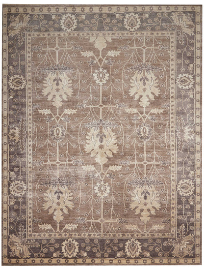 Rectangular wool rug with vintage Oriental style; beige-tan field, cream floral motifs, and a dark brown border.