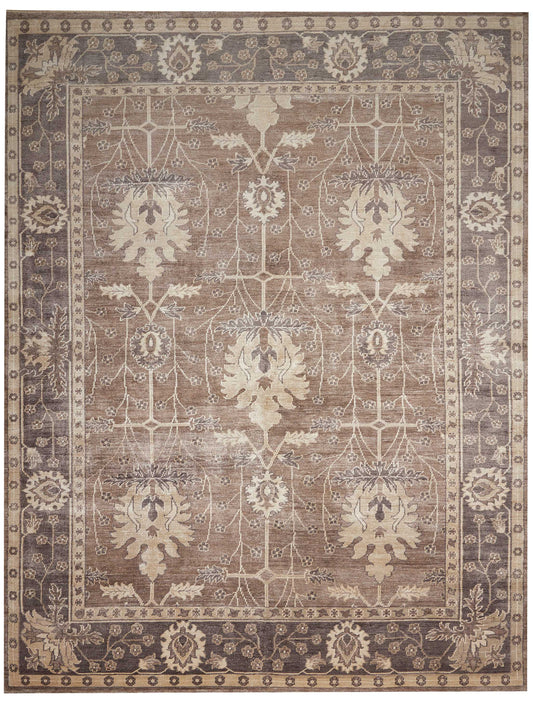 Rectangular wool rug with vintage Oriental style; beige-tan field, cream floral motifs, and a dark brown border.