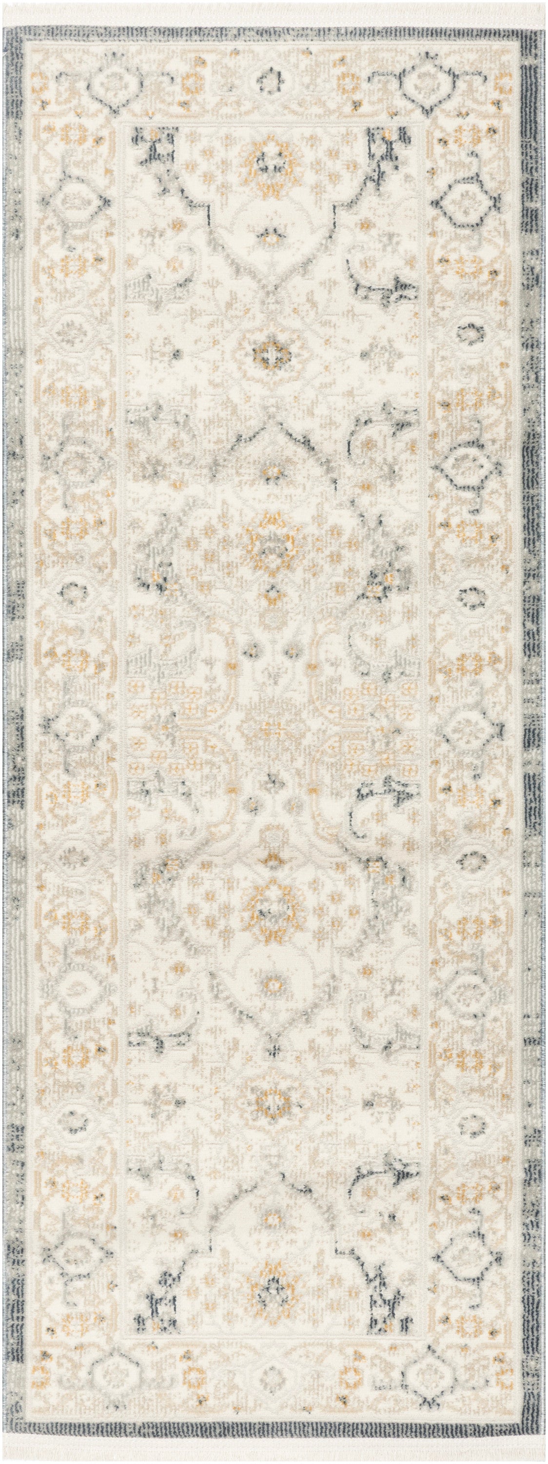 Distressed cream-and-beige Oriental runner rug with subtle gray and gold motifs and a dark navy border.