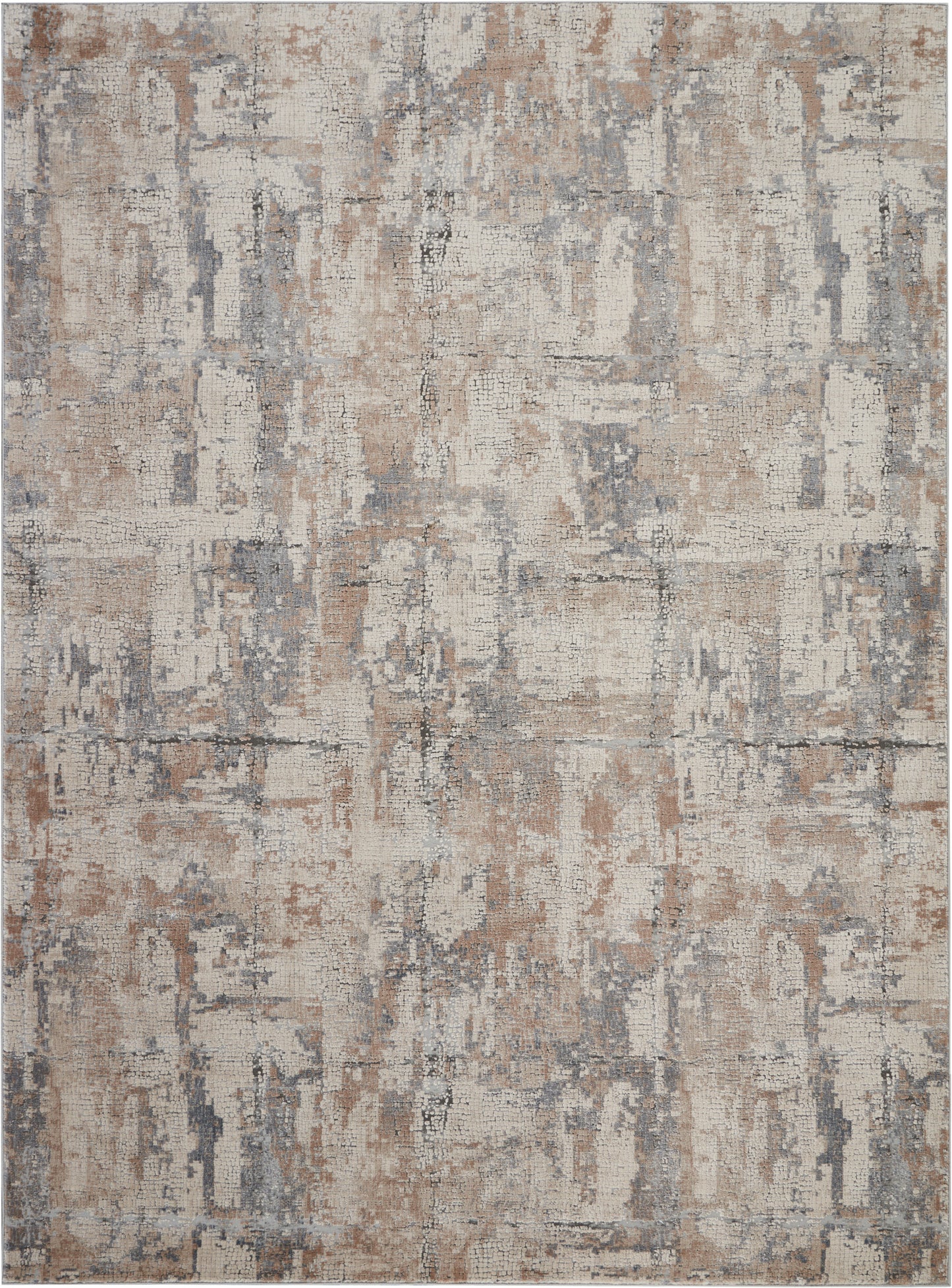 Abstract distressed area rug in beige, gray, and rust tones; rectangular, plush pile, modern vintage style.