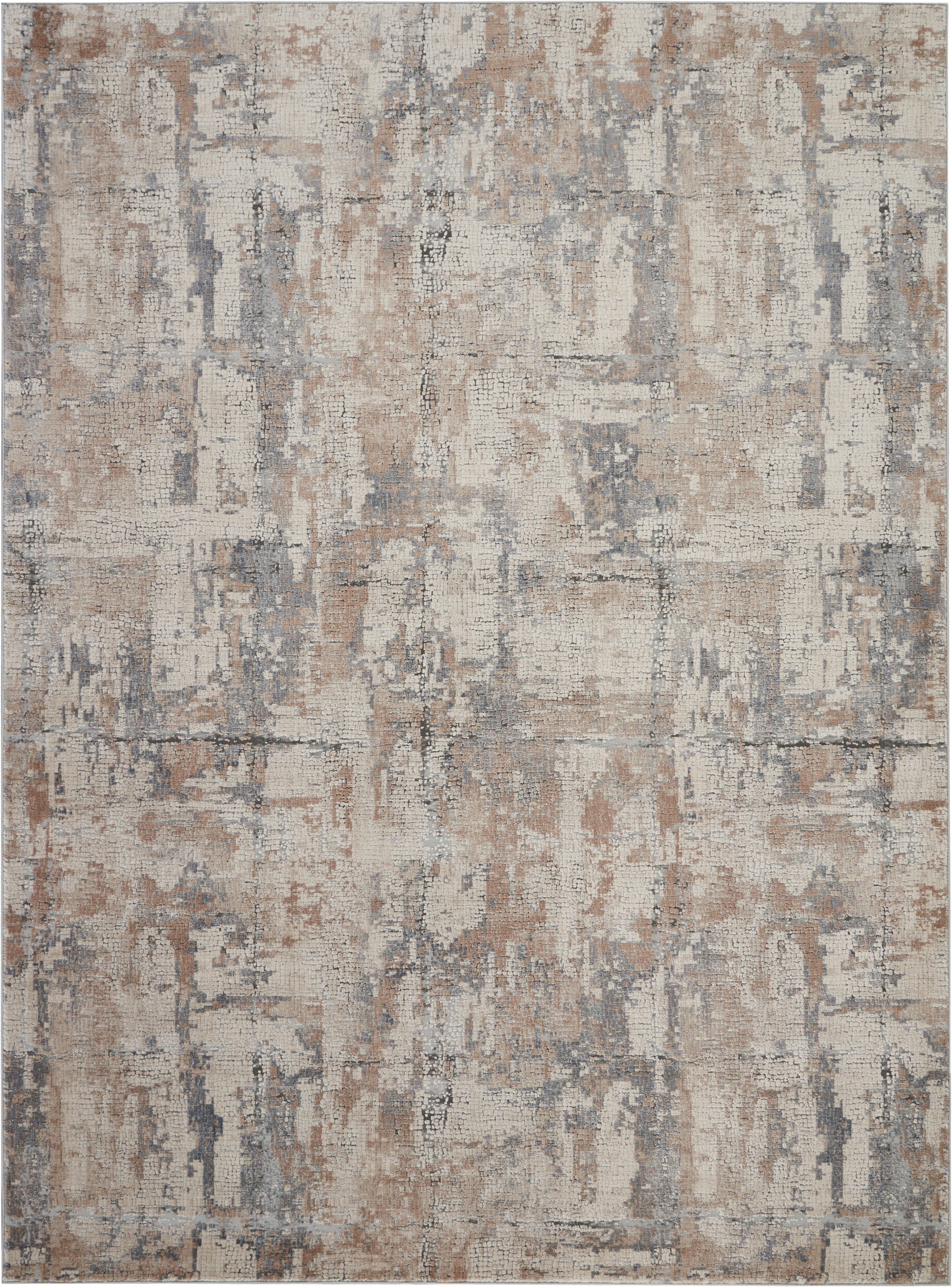 Abstract distressed area rug in beige, gray, and rust tones; rectangular, plush pile, modern vintage style.